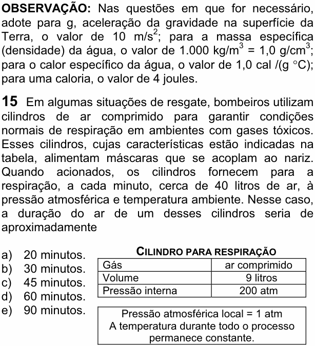 Enunciado da questão 15 de Física do FUVEST 2008