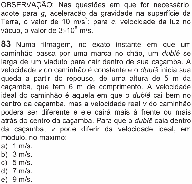 Enunciado da questão 83 de Física do FUVEST 2010