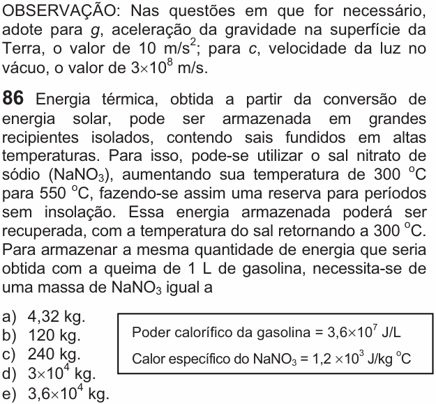 Enunciado da questão 86 de Física do FUVEST 2010