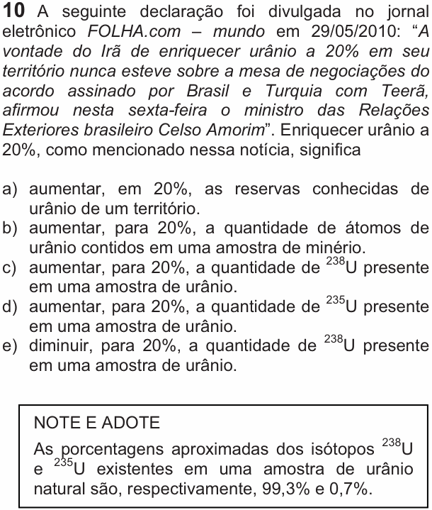 Enunciado da questão 10 de Física do FUVEST 2011