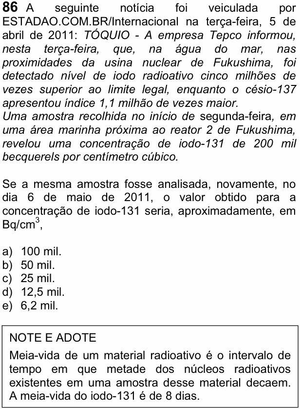 Enunciado da questão 86 de Física do FUVEST 2012