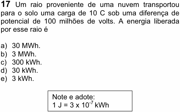 Enunciado da questão 17 de Física do FUVEST 2013