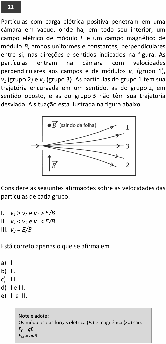 Enunciado da questão 21 de Física do FUVEST 2014