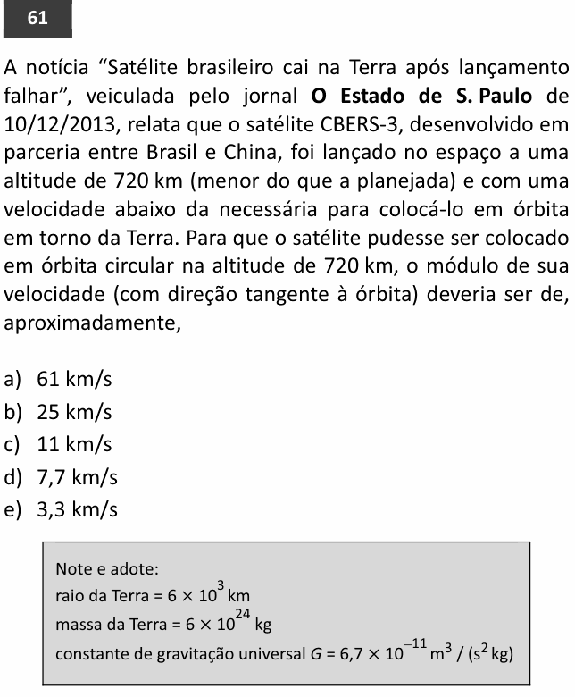 Enunciado da questão 61 de Física do FUVEST 2015