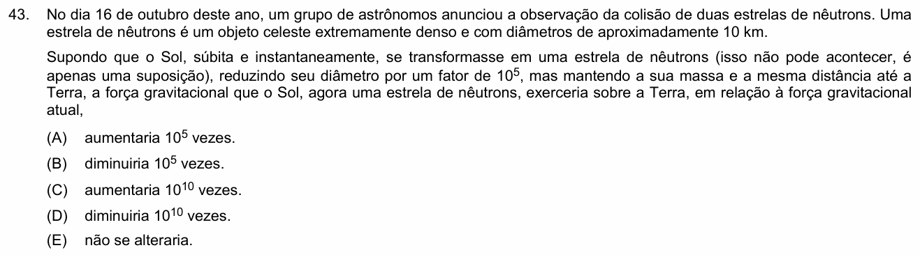 Enunciado da questão 43 de Física do FMABC 2018