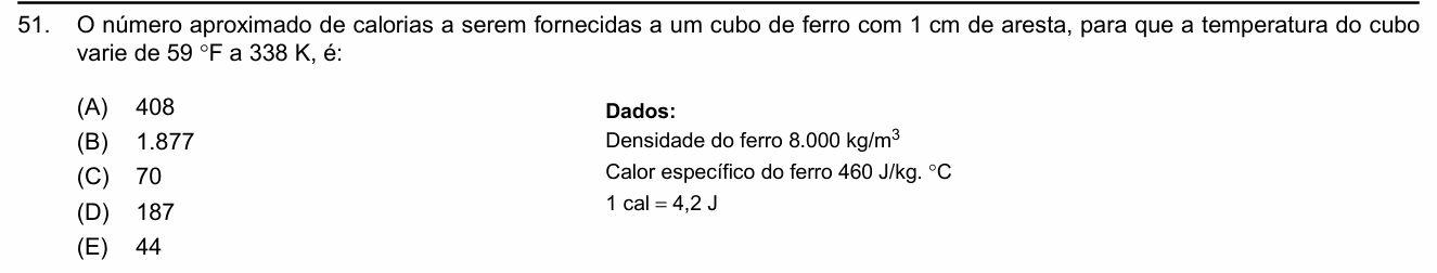 Enunciado da questão 51 de Física do FMABC 2018