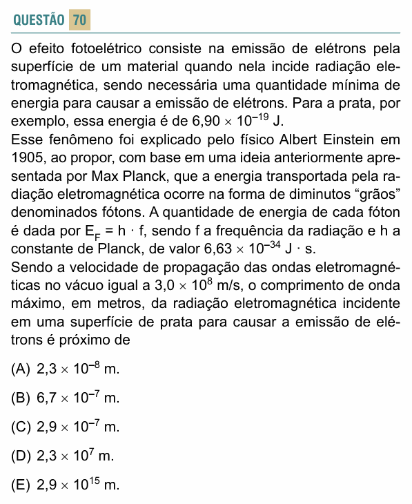 Enunciado da questão 70 de Física do FACISB 2015