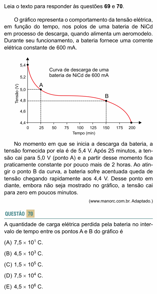 Enunciado da questão 70 de Física do FACISB 2018