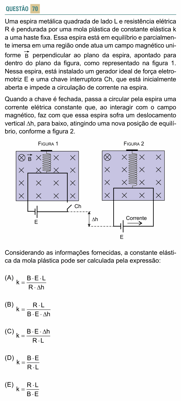 Enunciado da questão 70 de Física do FACISB 2019