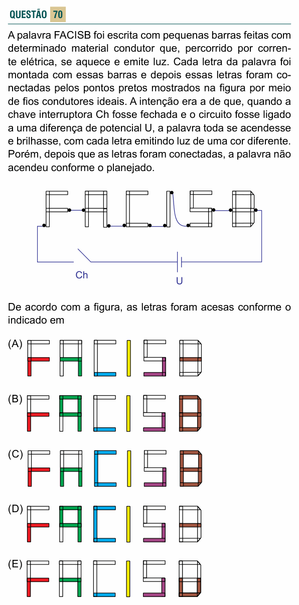 Enunciado da questão 70 de Física do FACISB 2020