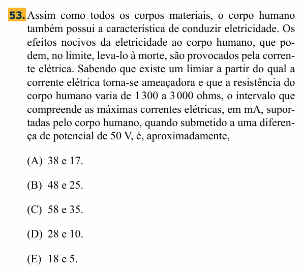 Enunciado da questão 53 de Física do Santa Marcelina 2013