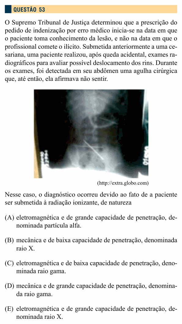 Enunciado da questão 53 de Física do Santa Marcelina 2013 (2º semestre)