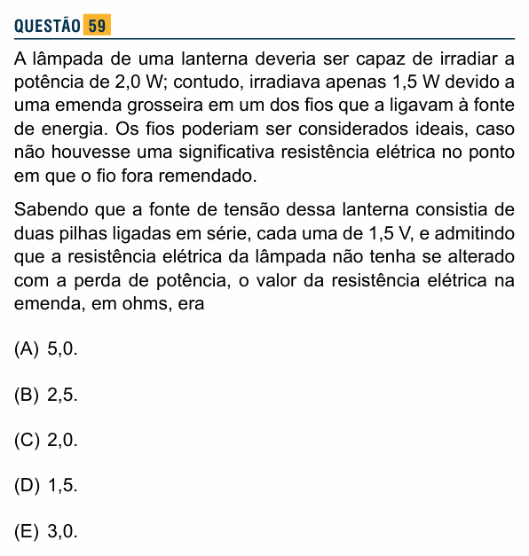 Enunciado da questão 59 de Física do Santa Marcelina 2015 (2º semestre)