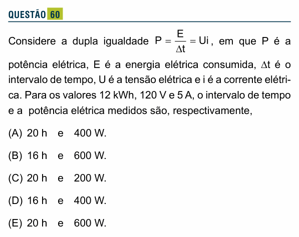 Enunciado da questão 60 de Física do Santa Marcelina 2017