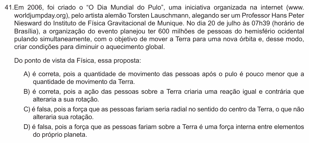 Enunciado da questão 41 de Física do FCM-MG 2018
