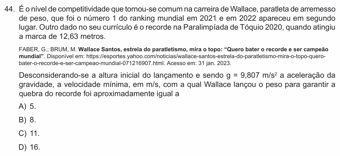 Enunciado da questão 44 de Física do FCM-MG 2023 (2º semestre)
