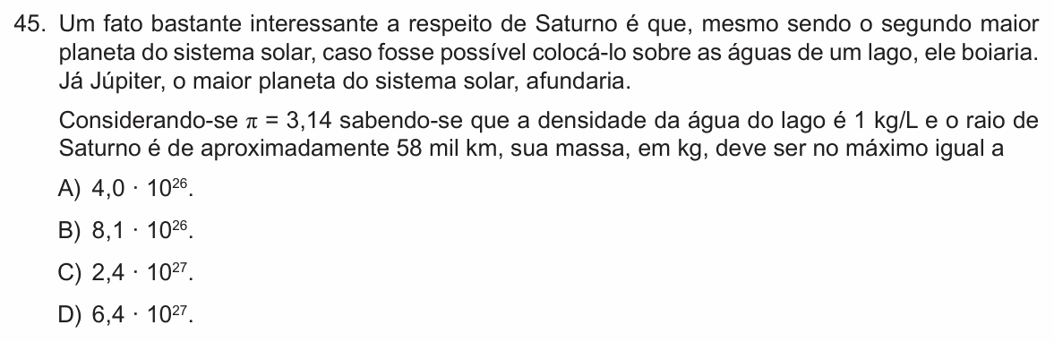 Enunciado da questão 45 de Física do FCM-MG 2023 (2º semestre)