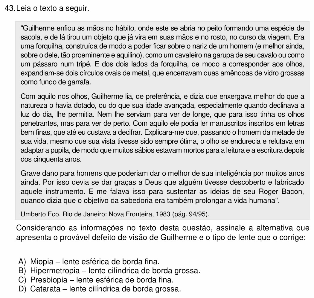 Enunciado da questão 43 de Física do FCM-MG 2023