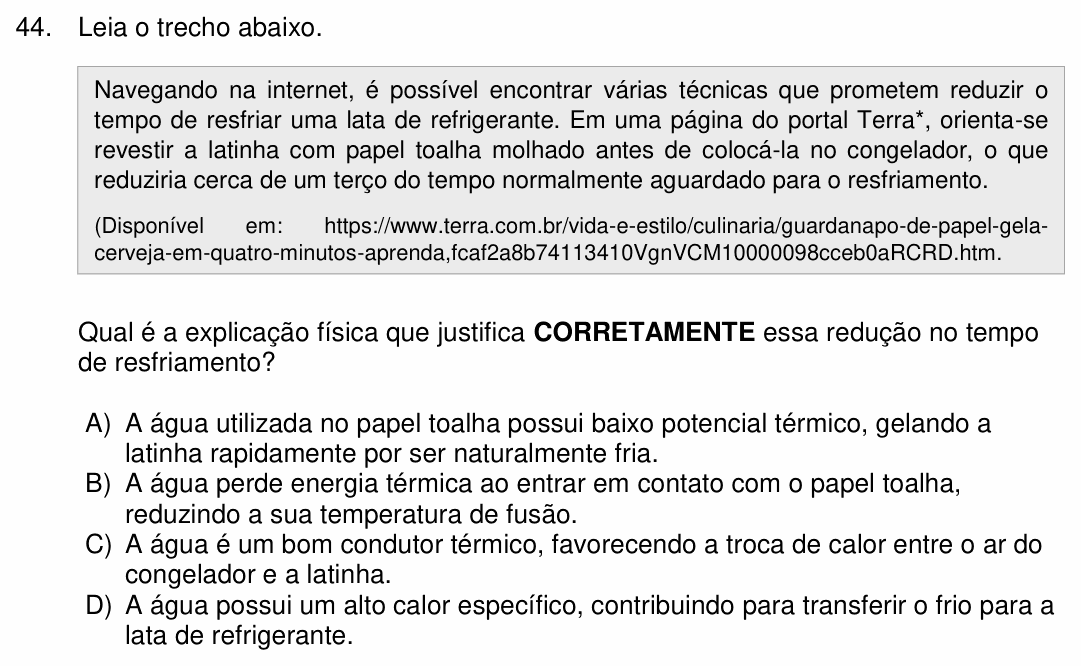 Enunciado da questão 44 de Física do FCM-MG 2023