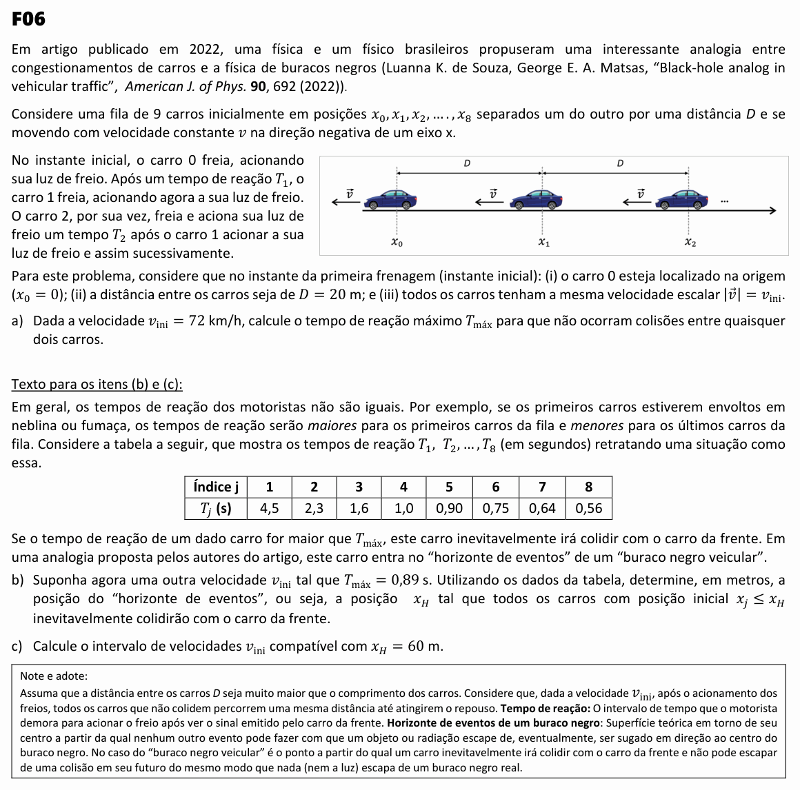 Enunciado da questão 6 de Física do FUVEST 2023 (2ª fase)