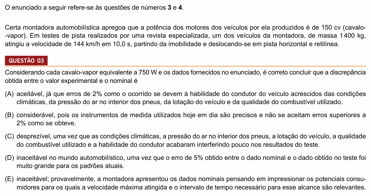 Enunciado da questão 3 de Física do Insper 2017 (Engenharias)