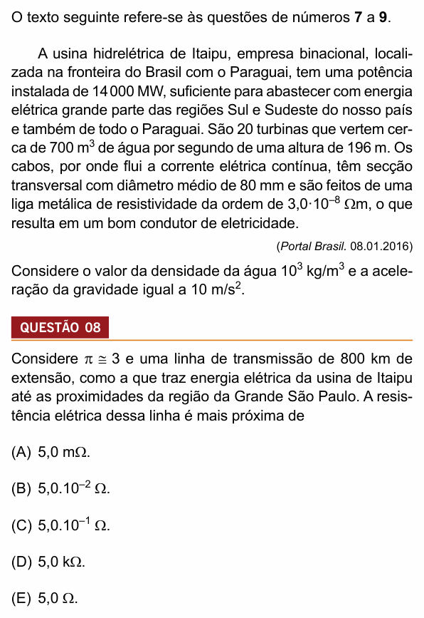 Enunciado da questão 8 de Física do Insper 2017 (Engenharias)