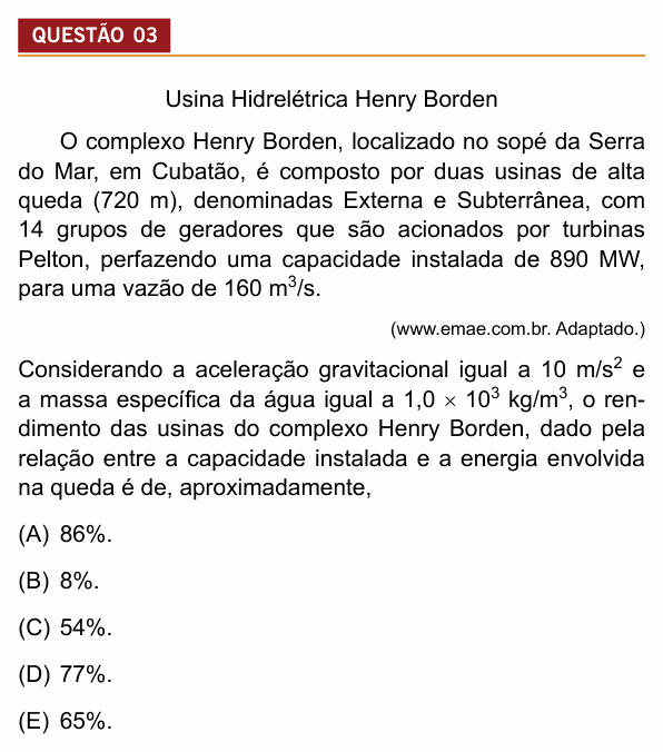 Enunciado da questão 3 de Física do Insper 2020 (Engenharias)