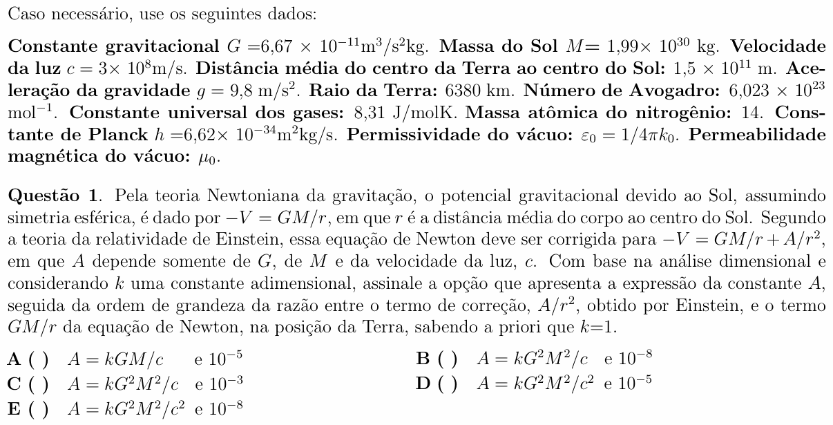 Enunciado da questão 1 de Física do ITA 2010