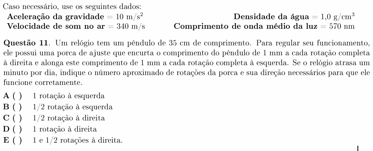 Enunciado da questão 11 de Física do ITA 2011
