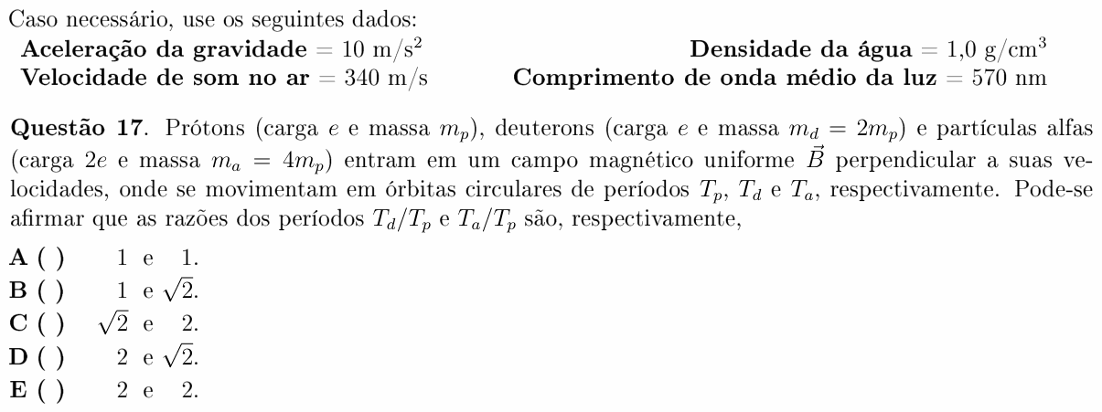 Enunciado da questão 17 de Física do ITA 2011