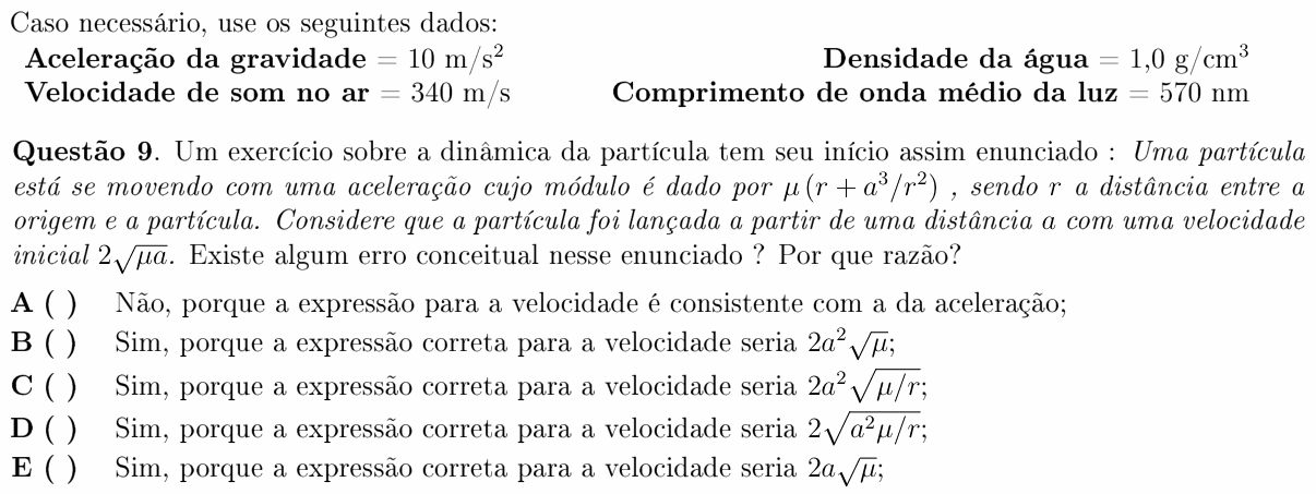 Enunciado da questão 9 de Física do ITA 2011