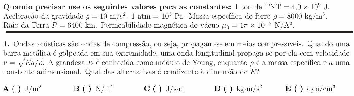 Enunciado da questão 1 de Física do ITA 2012