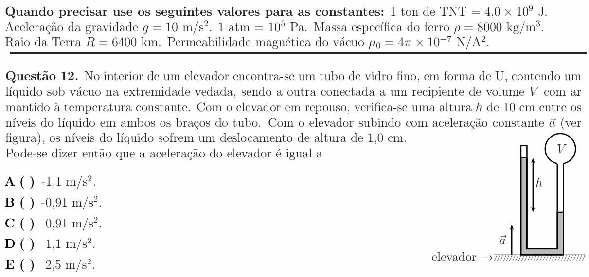 Enunciado da questão 12 de Física do ITA 2012