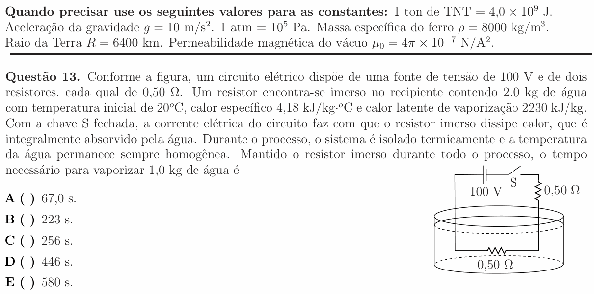 Enunciado da questão 13 de Física do ITA 2012
