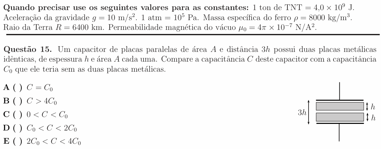 Enunciado da questão 15 de Física do ITA 2012