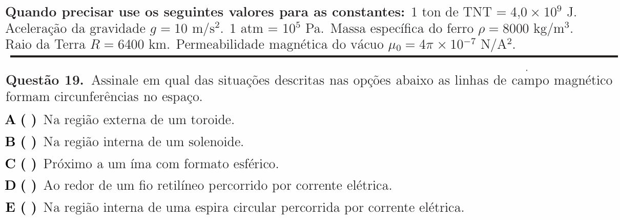 Enunciado da questão 19 de Física do ITA 2012