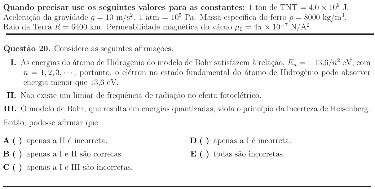 Enunciado da questão 20 de Física do ITA 2012