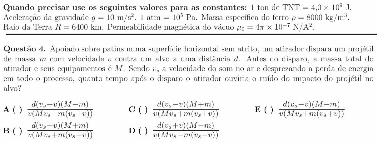 Enunciado da questão 4 de Física do ITA 2012