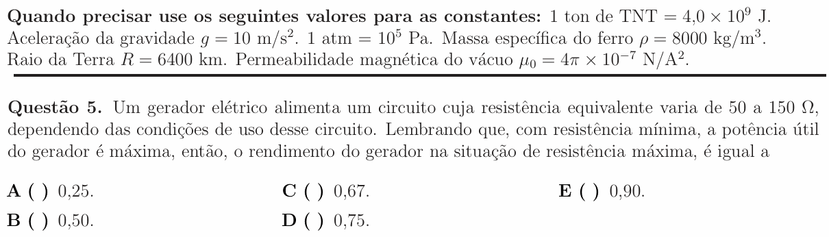 Enunciado da questão 5 de Física do ITA 2012