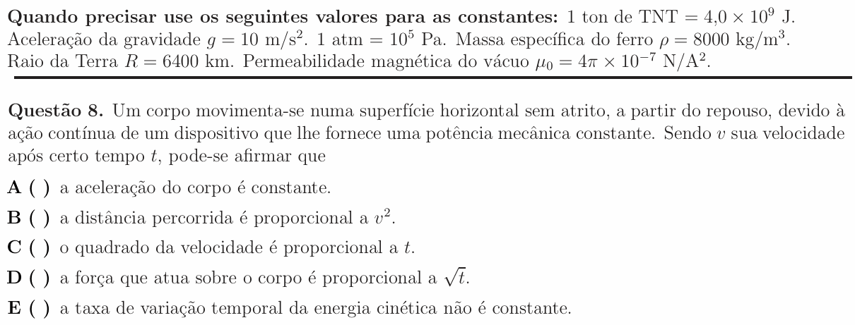Enunciado da questão 8 de Física do ITA 2012