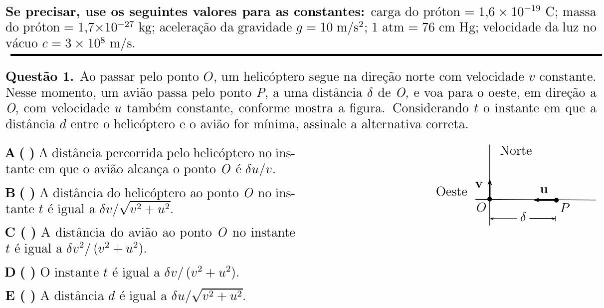 Enunciado da questão 1 de Física do ITA 2013