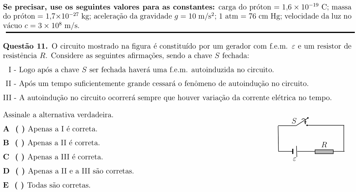 Enunciado da questão 11 de Física do ITA 2013