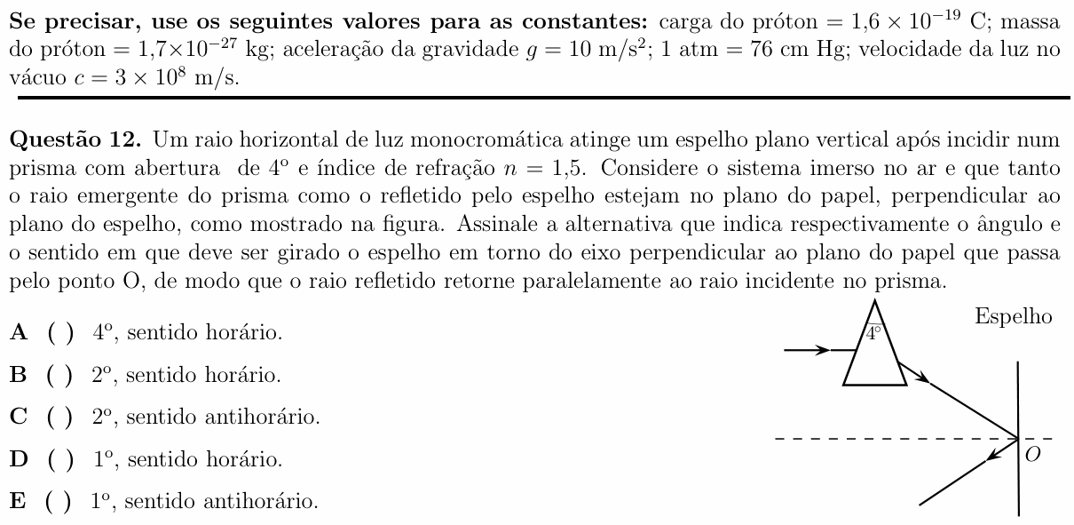 Enunciado da questão 12 de Física do ITA 2013