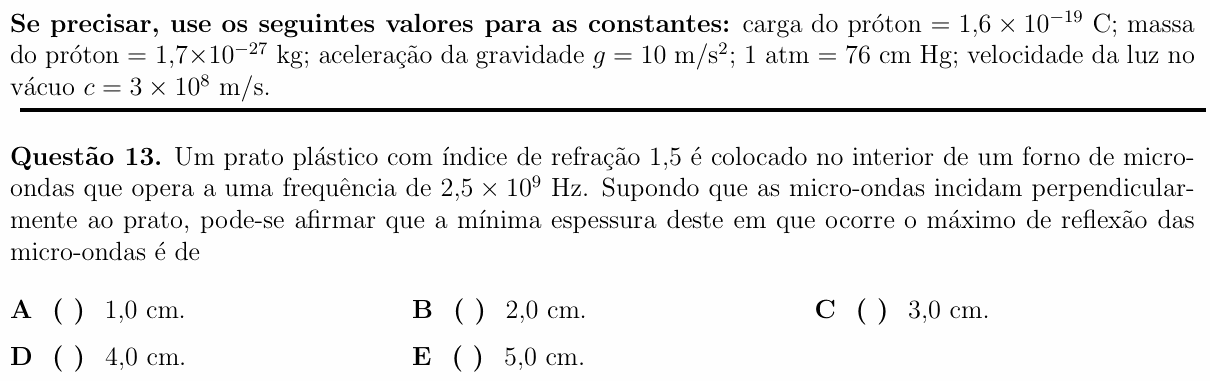Enunciado da questão 13 de Física do ITA 2013