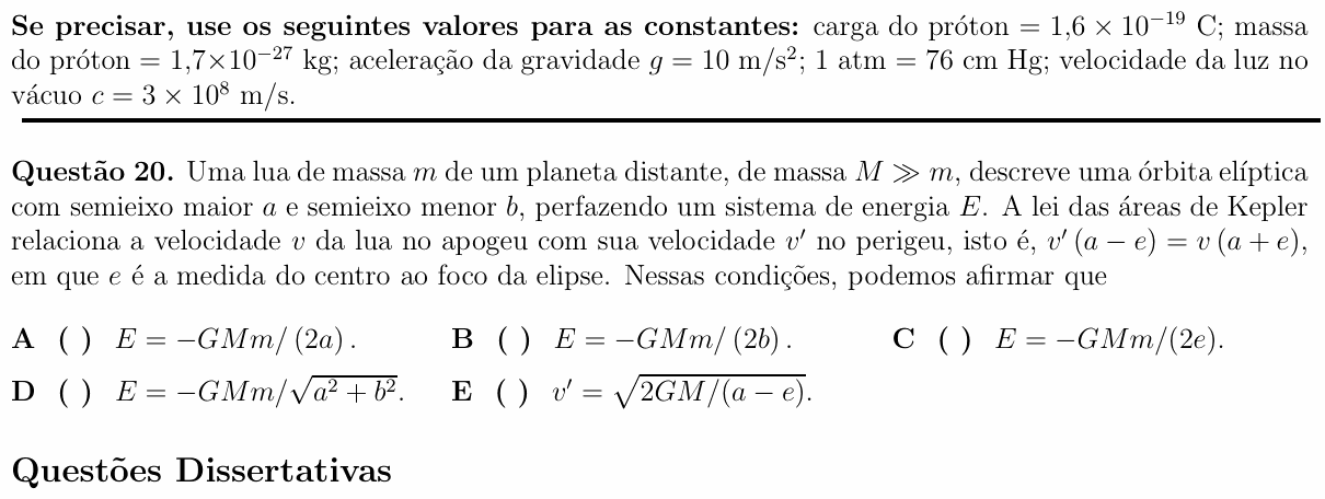 Enunciado da questão 20 de Física do ITA 2013