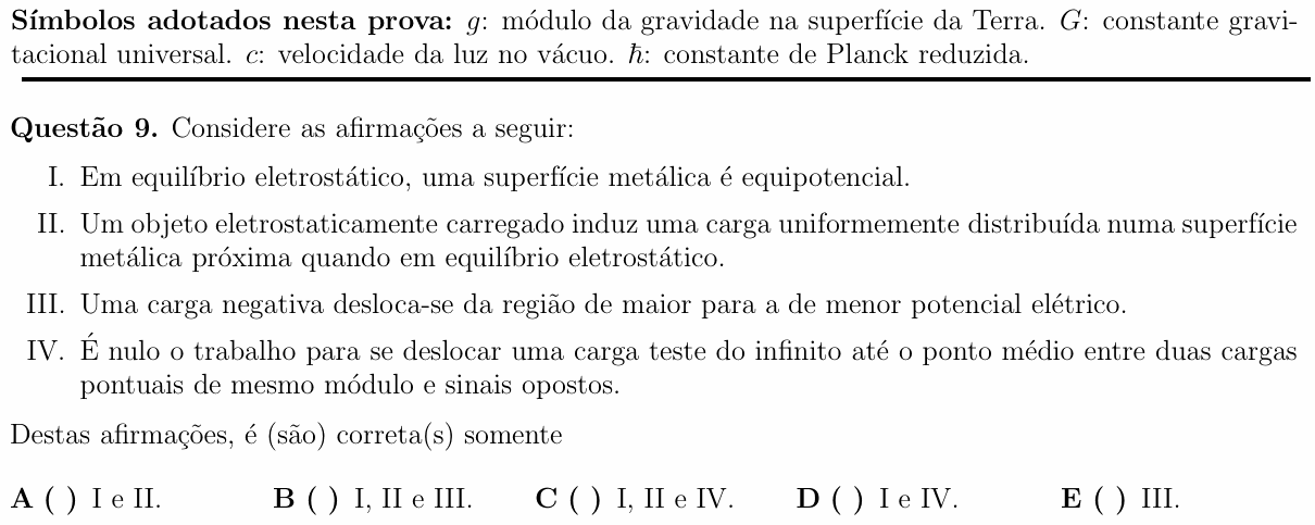 Enunciado da questão 9 de Física do ITA 2014