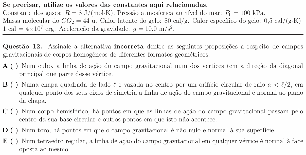 Enunciado da questão 12 de Física do ITA 2015