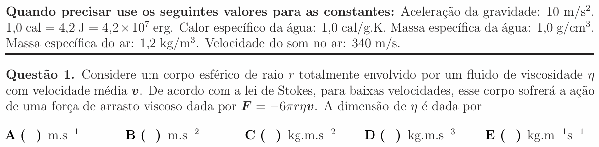 Enunciado da questão 1 de Física do ITA 2016