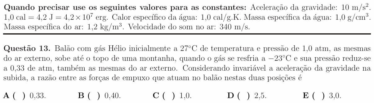 Enunciado da questão 13 de Física do ITA 2016