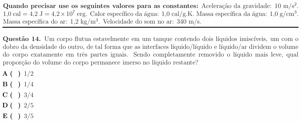 Enunciado da questão 14 de Física do ITA 2016